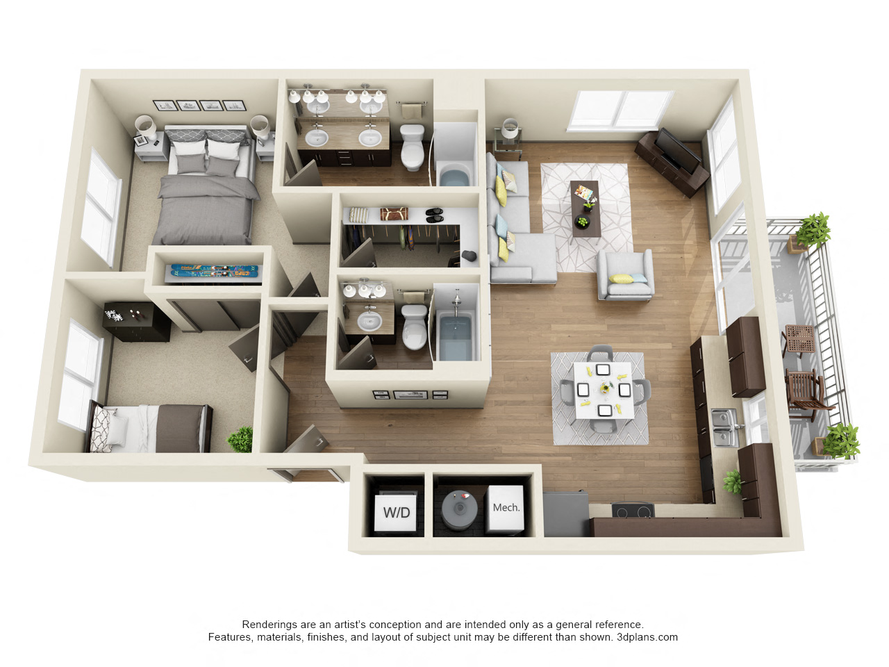 Floor plan for 2 beds, 2 baths, 972 sqft